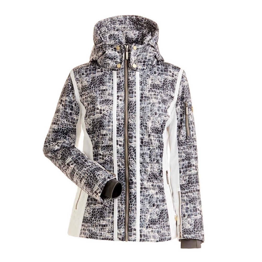 NILS Isa Insulated Ski Snowboard Jacket Removable Hood Black White Animal Size 8
